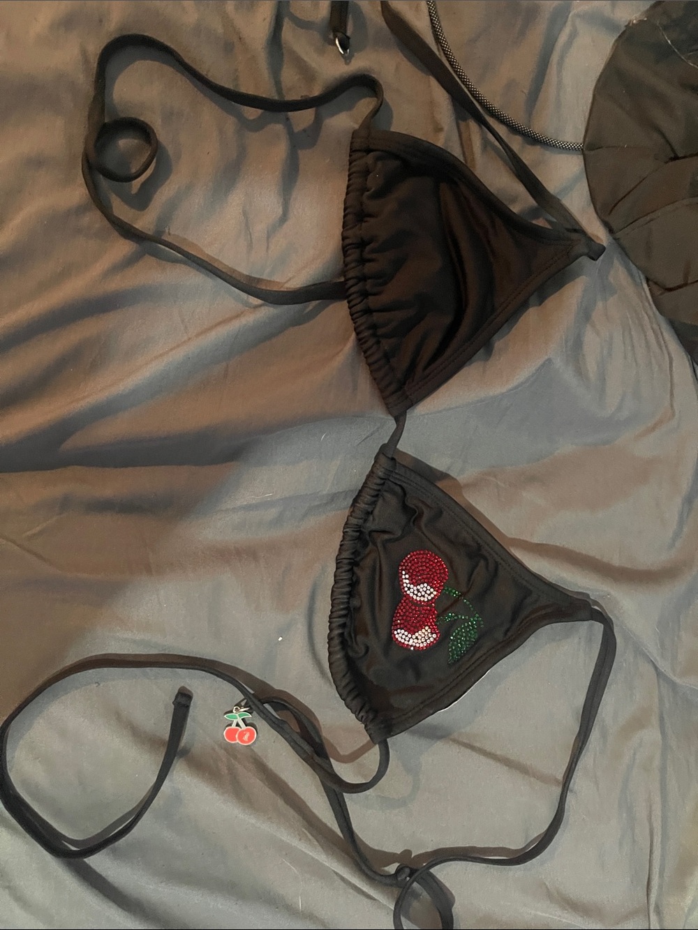 Juicy Couture Black Triangle Bikini Top with Red Cherry Embellishment